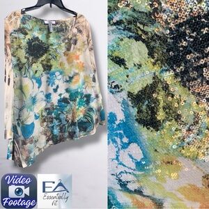 Style & Co Woman Sequin Floral Blouse | Abstract Bohemian Art Top | Size 3X